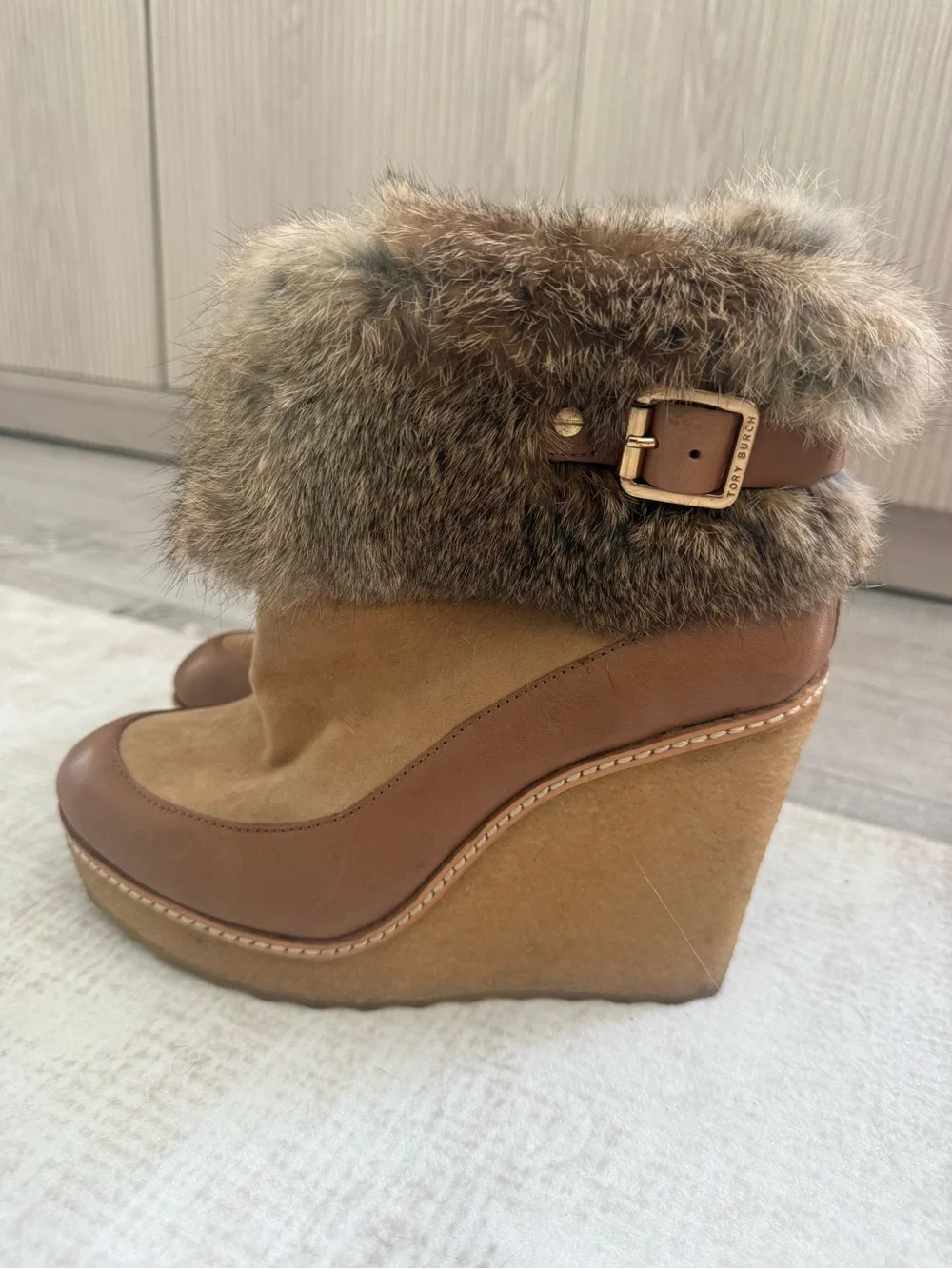 Tory Burch Tan and Brown Faux Fur Wedge Ankle Boots